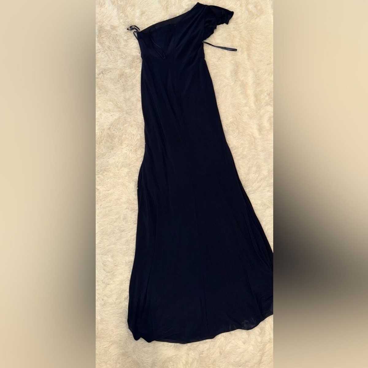 【MAC DUGGAL】ロングドレス ブルー ワンショルダー パール 無地 NWOT Mac Duggal Navy Blue Ruffle One Shoulder jersey Drape