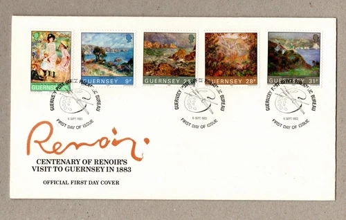 RENOIR VISIT TO GUERNSEY 1983 FIRST DAY COVER PICTORIAL CANCELS with INSERT