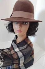 Women's Winter Hat Brown Wool with Stylish Ribbon Band & Plaid Neck Scarf