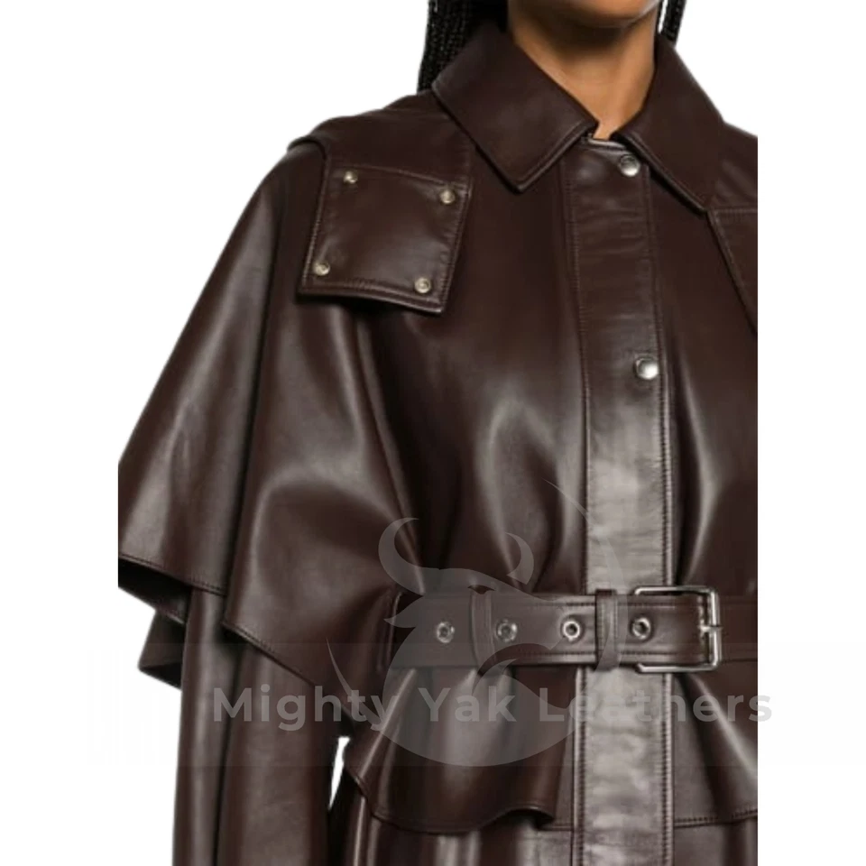 Chaqueta de cuero de vaca suave marrón genuino para mujer gabardina vintage con cinturón Foto 4 de 4