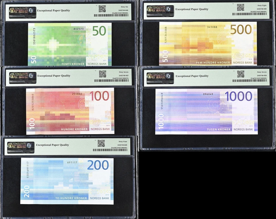 Norway Set 5; 50 100 200 500 1000 K. 2016-19 P57 Superb UNC PMG 64 66 67 68 EPQ - Image 2 of 4