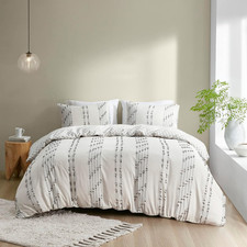 Boho Cotton Duvet Cover Set King Size with 2 Pillowcases - Ivory Stripes