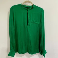 Zara Trafaluc Women’s Blouse L Emerald Green Long Sleeve Keyhole Neck Pocket