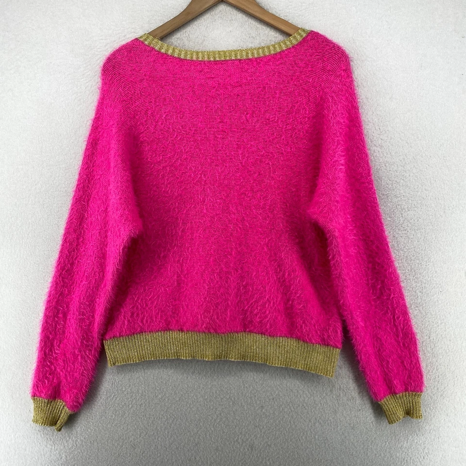 Suéter JUICY COUTURE M Pestañas Difusas Metálicas Borde Dorado Recortado Top Rosa Foto 4 de 4