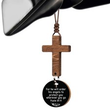Cross for Car Mirror Hanging, Rear View Psalm 91:11 Black 