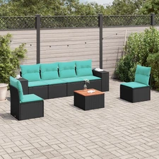 7 Piece Patio Sofa Set with Cushions Black Poly Rattan