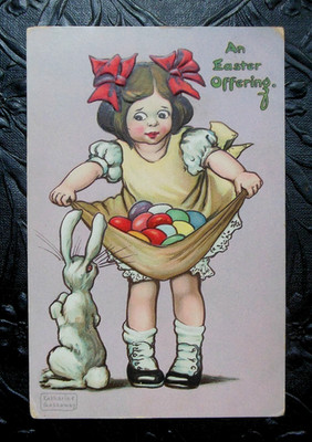Young Girl Apron/Eggs Rabbit-Easter Offering-Artist Signed Bessie Pease GUTMANN