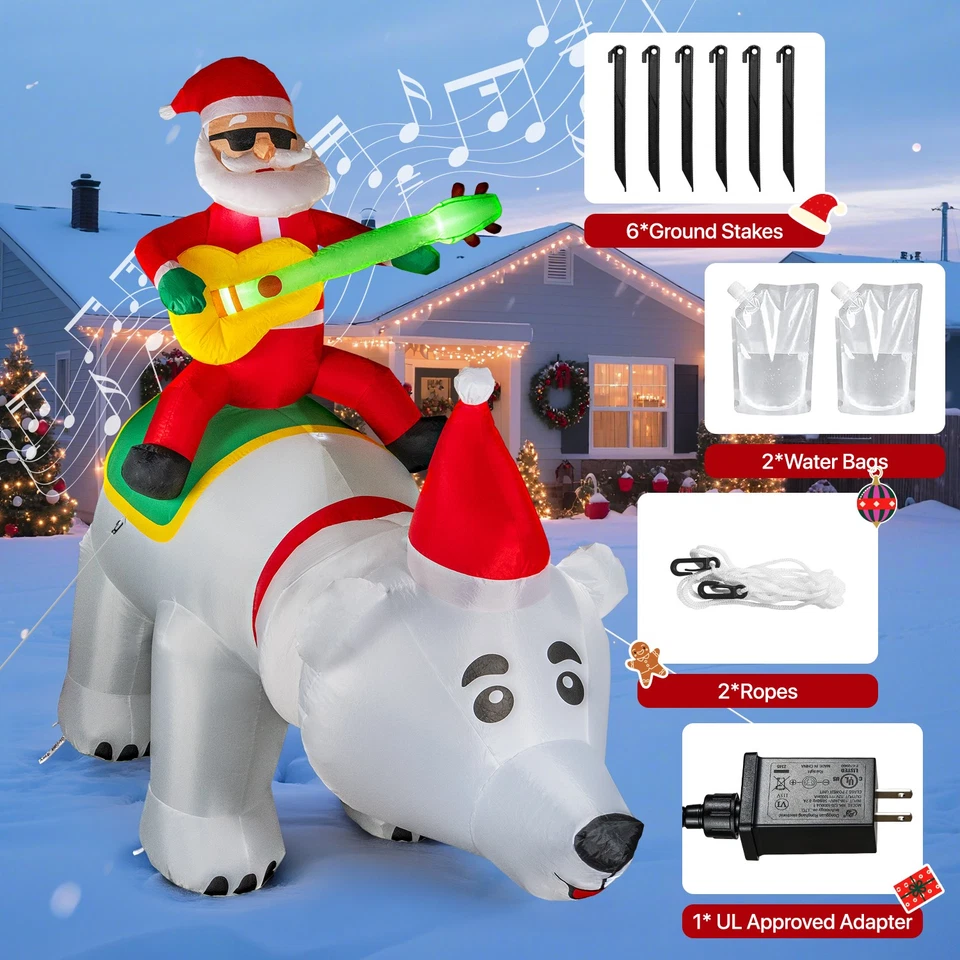 7FT LED Christmas Inflatable Santa Riding Bear Shaking Head & Music, Recording - Image 4 of 4
