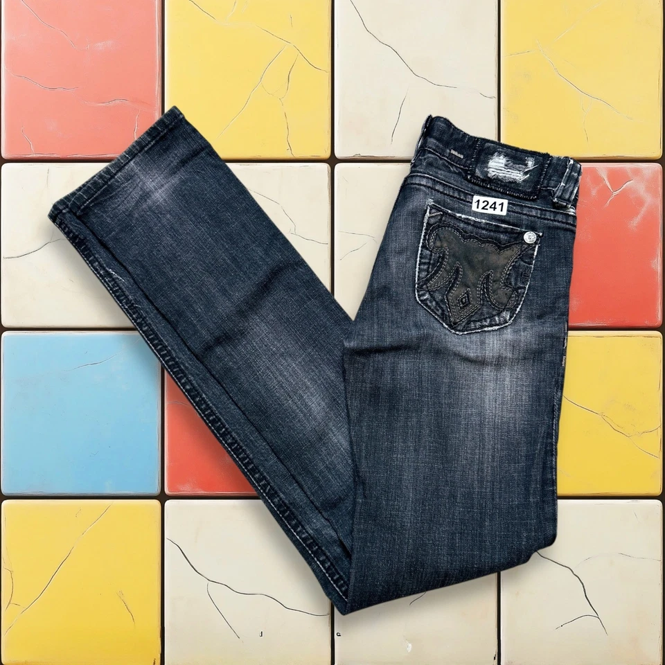 Pantalones de mezclilla Mek Y2K de colección para mujer 27 X 36 negros Plymouth lavado oscuro desgastados a mano Foto 2 de 4