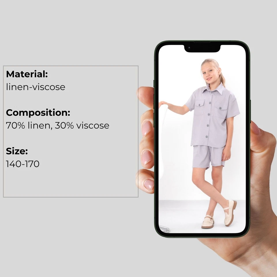 Teen Girls’ Linen Viscose Set – Short Sleeve Shirt with Buttons & Comfy Elast... - Image 3 of 4