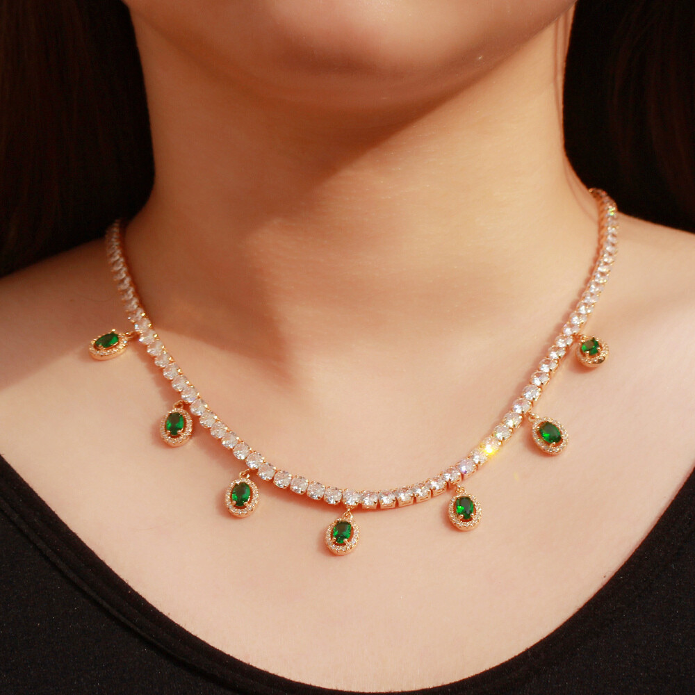 Gold Plated Green CZ Tassel Pendant Necklace for Women Party Gift