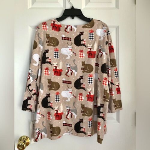 ALFRED DUNNER PLUS SIZE OATMEAL CATS WITH PRESANTS PRINT 3/4 SLEEVES HEART NECK - Bild 3 von 10