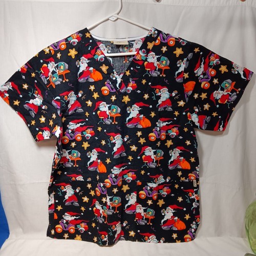 Christmas Santa Claus V- Neck Scrub Top Womens Medium - Picture 3 of 6