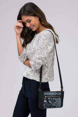 Vera Bradley Foxwood Navy Leather Denim Jacquard Carryall Crossbody