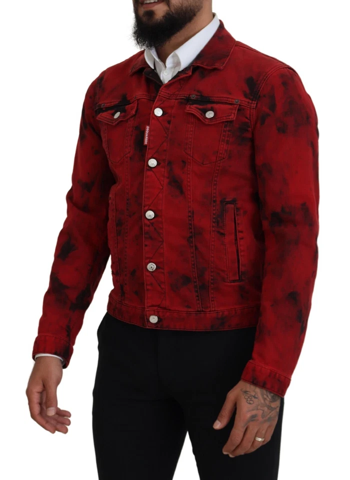 DSQUARED2 Jacket Red Black Tie Dye Collared Men Denim IT48/US38/M RRP 1100usd - Image 2 of 4