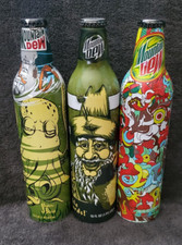 3 Full Unopened Mountain Dew Green Label Aluminum Bottle Art  OBO