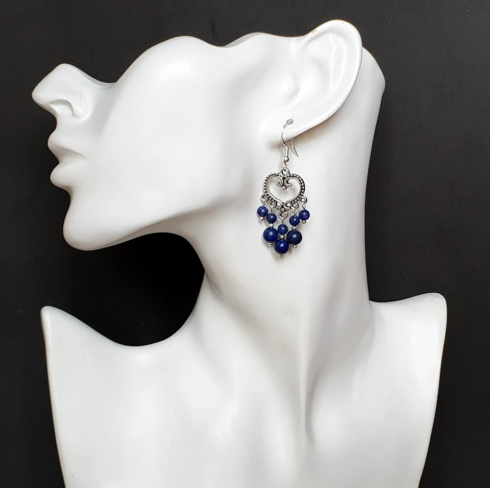 Blue Lapis Lazuli Chandelier Earrings Tibetan Silver 925 Sterling Hook Handmade - Image 2 of 2