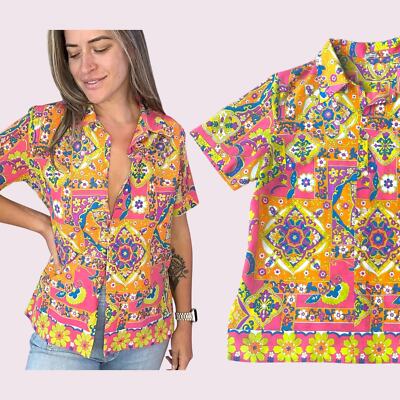 Vintage 60s Psychedelic Top Pykettes Button Up Short Sleeve Large