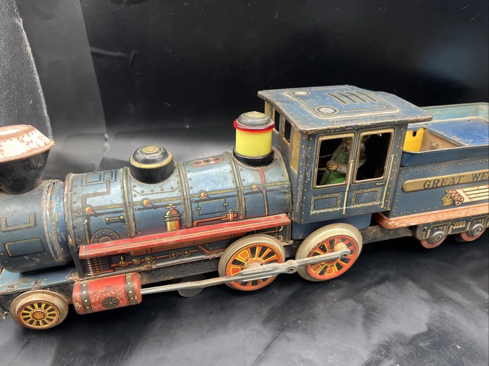Motor de tren litografía de hojalata Great Western vintage hecho en Japón sin probar 4 piezas Foto 4 de 4