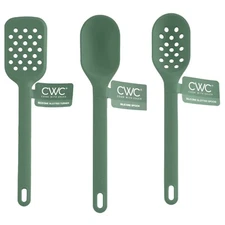 3 Silicone Kitchen Tools Set Slotted Turner & Spoon, Basting Spoon Green 12”