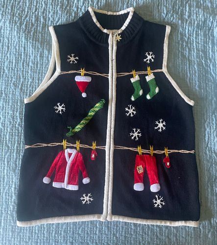 Vintage Ugly Christmas Sweater Weste Gr. L Holiday Zip Baumwolle Viskose schwarz - Bild 7 von 16