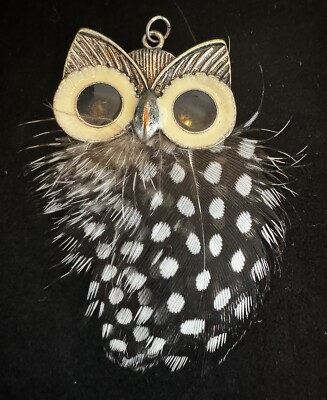 Pendant Spotted Feather Owl Black White Enamel 2'' x 3'' Bird Boho Granniecore