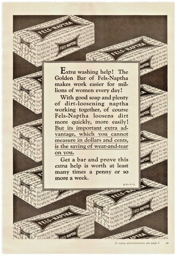 1927 Fels Naptha Soap Vintage Print Ad Golden Bar Extra Washing Help