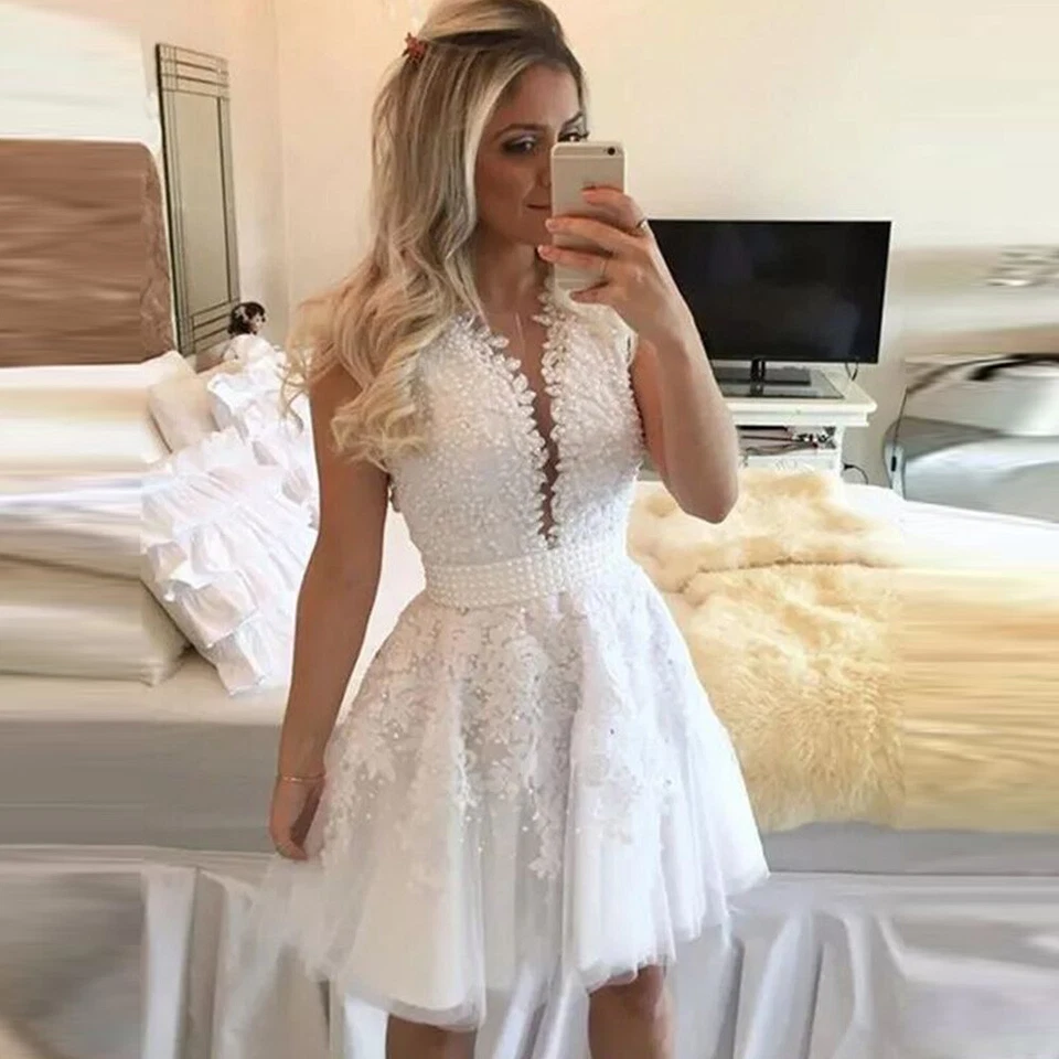 Mini Wedding Dresses Knee Length Beaded A Line Bridal Gowns White Lace Appliques - Image 2 of 4