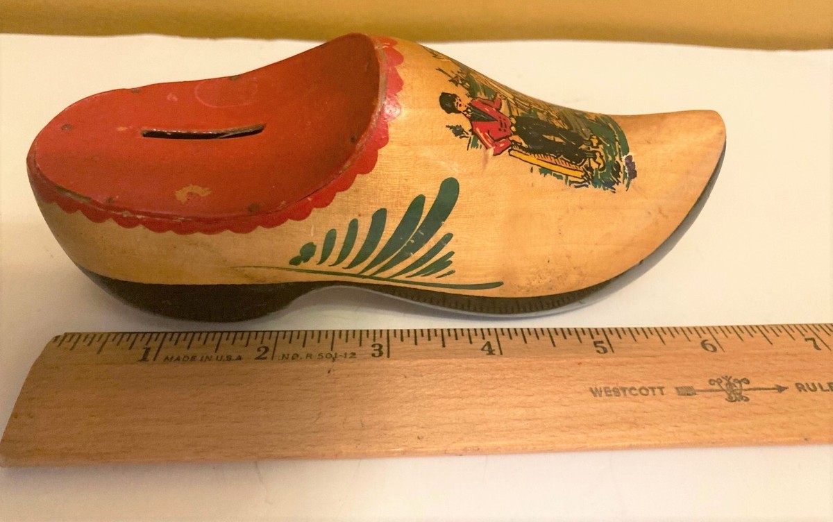 Vtg Holland Wooden Shoe Coin Bank, Dutch Folk Art Souvenir Windmill Scene  6