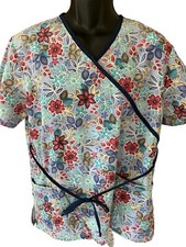 SB Scrubs Top Women's Medium Blue Multicolor Floral Flowers V-Neck Short Sleeve