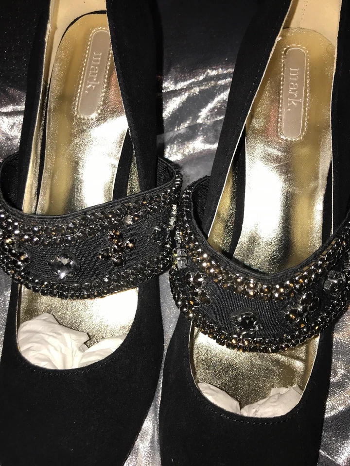 Zapatos de salón de noche elegantes de terciopelo con cuentas negras para mujer de MARK Foto 3 de 4