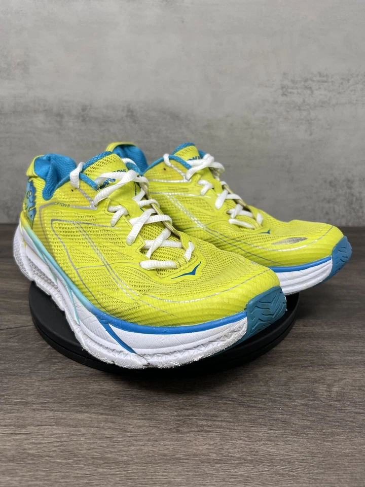 HOKA Shoes Womens 10 Clifton 3 One One Running Yellow White Blue - Image 4 of 4