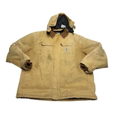 Vintage Carhartt Jacket Mens XL Beige Tan Full Zip Work Chore Duck Coat w/ Hood