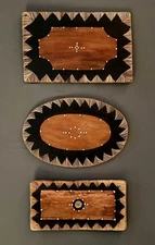 Vintage Handcrafted Asian Decorative Plaque Trio — Geometric Wood Inlay
