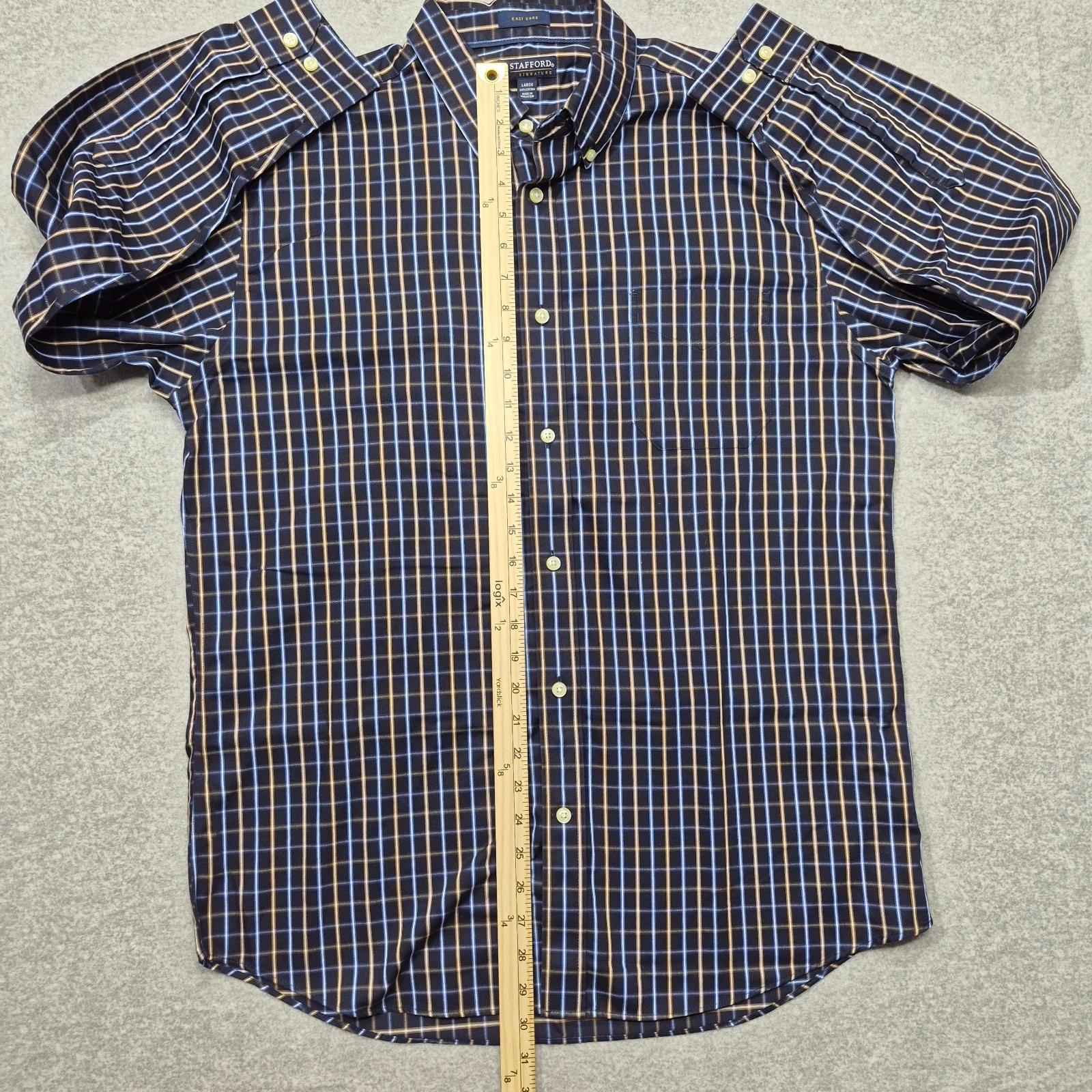 Stafford Signature Mens Shirt L Blue Yellow Plaid Button Down Wrinkle Iron Free image 4