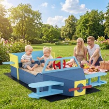 Large Wooden Kids Sandbox w/ Bottom Liner, Glider-Shape Outdoor Sand Box