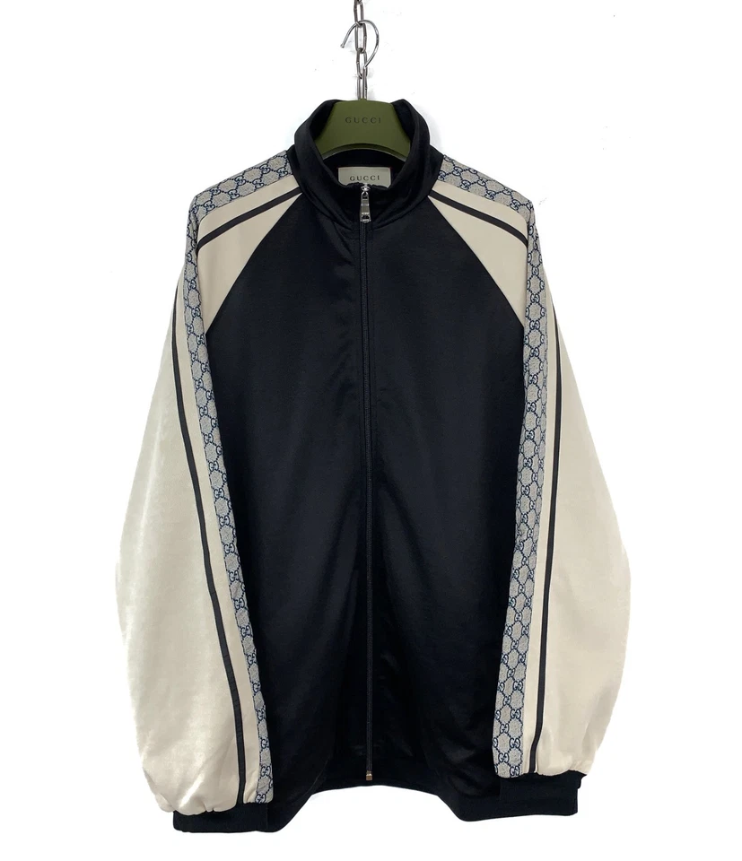Chaqueta deportiva Gucci GG con monograma a rayas puntiaguda tejida lisa cremallera completa negra talla L Foto 2 de 4