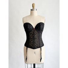 Vintage Carnival Lace Bustier Corset 34D Black Garter Straps Low Back Underwire
