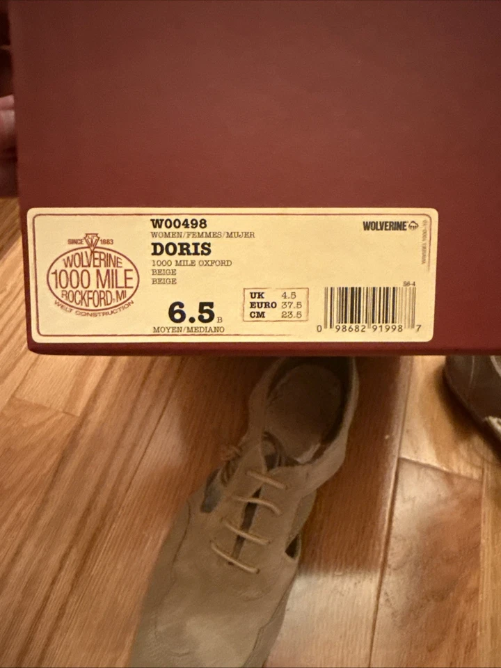 Oxford de gamuza Wolverine 1000 Mile Doris planos nuevos sin caja (sin tapa de caja) beige, talla 6,5 Foto 3 de 3