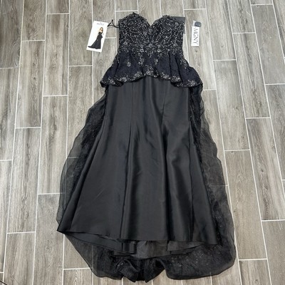 MGNY by Morilee 72101 Embroidered Size 10 Black peplum train Sample Dress W/Tag