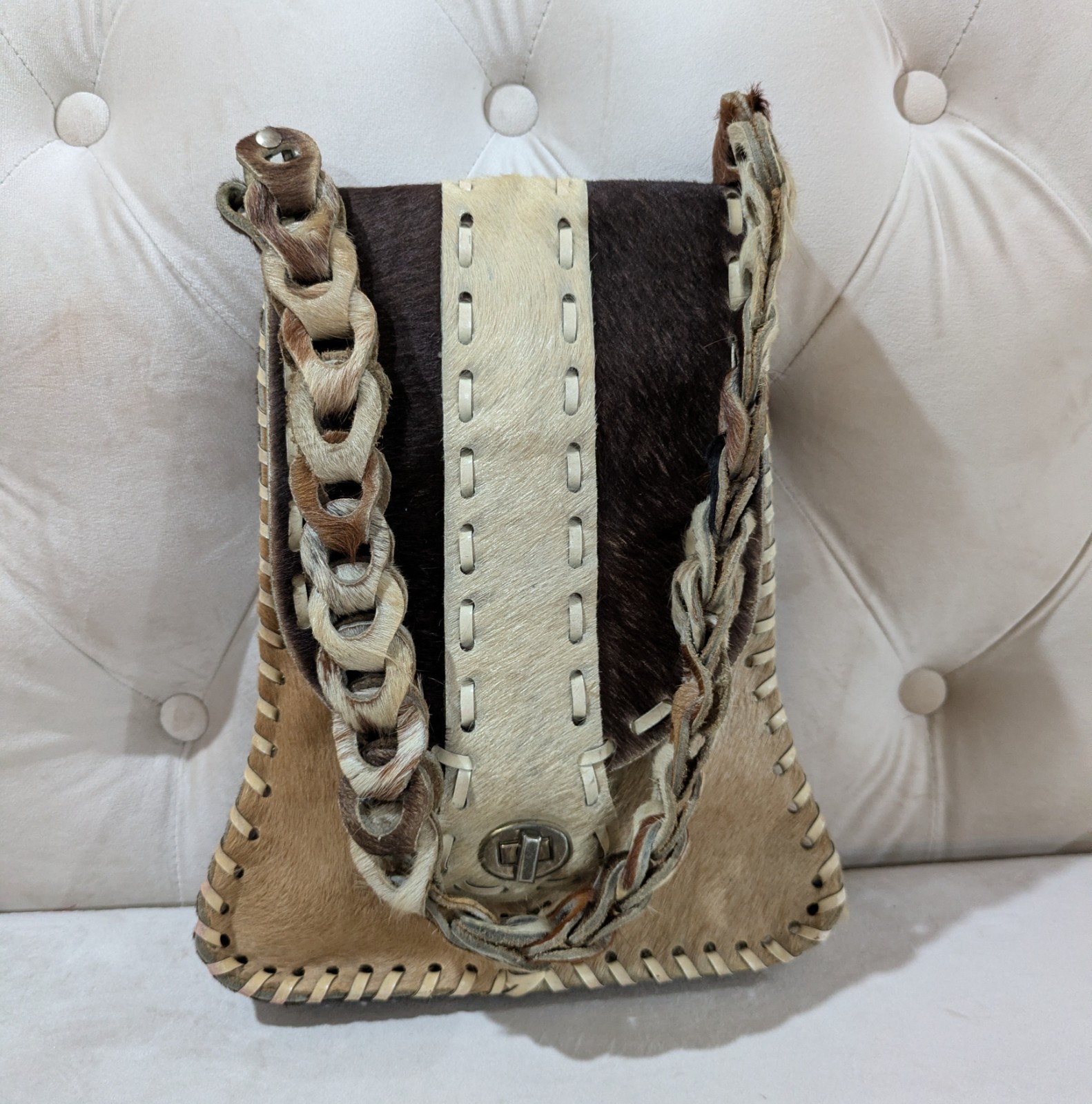 BROWN LEATHER COWHIDE PATCHWORK SLING BAG SHOULDE… - image 1