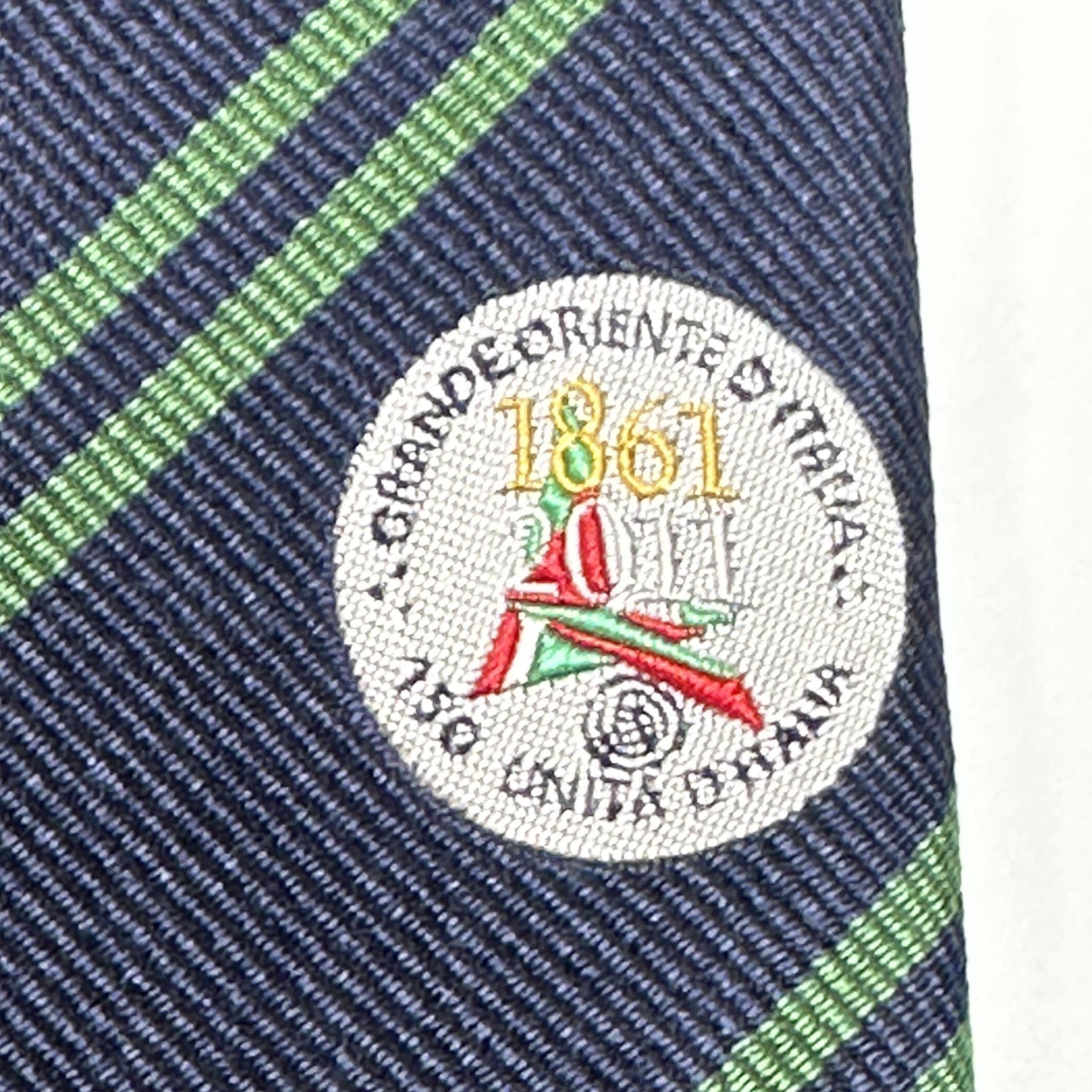 E Marinella Napoli Silk Tie Mens Blue Green Stripe Masonic 150 Unita D Italia
