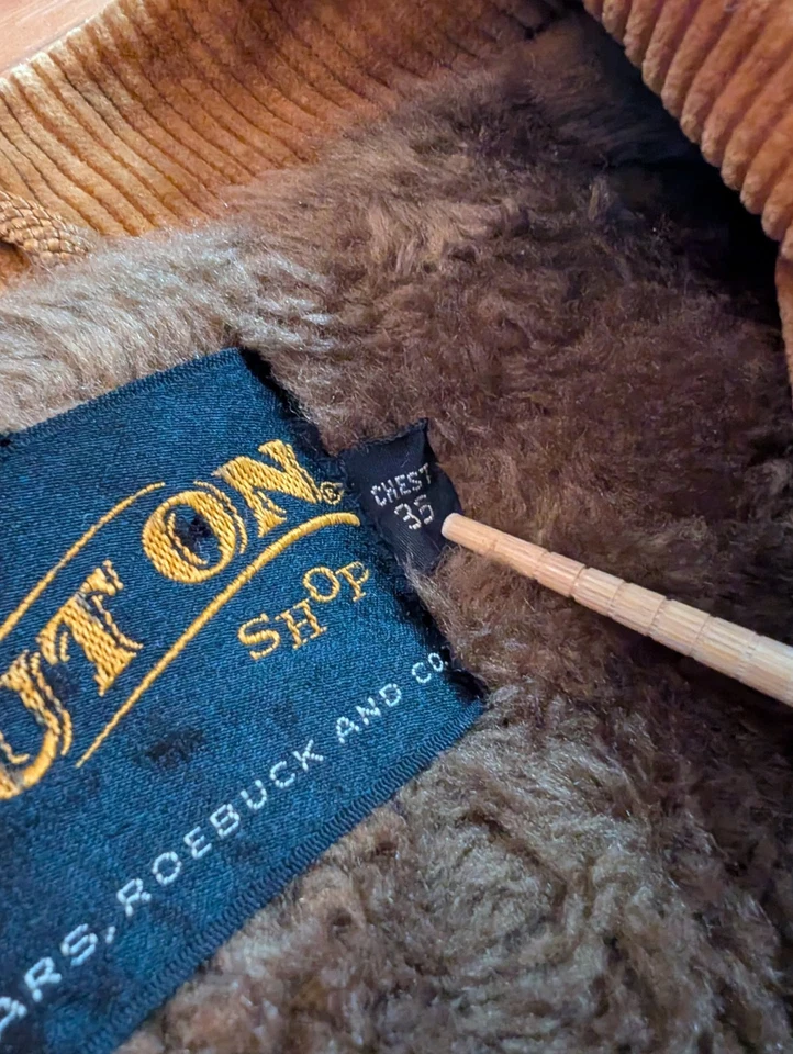 Винтажный Sears положить на магазин мужской 35 желтовато-коричневый вельвет подпоясанный шерпа с подкладкой пальто 70-х - Изображение 4 из 4