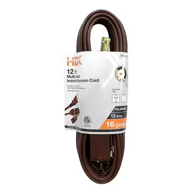 HDX 12 ft. 16/2 Light-Duty Indoor Multi-Outlet Extension Cord, Brown - NEW
