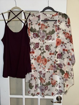 Emory Park 1XL Floral Kimono & Papermoon Burgundy Strappy Cami Tank Set Boho