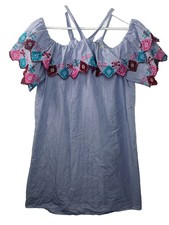 LOFT Dress Women’s XS Blue White Stripe Off Shoulder Embroidered Boho Casual