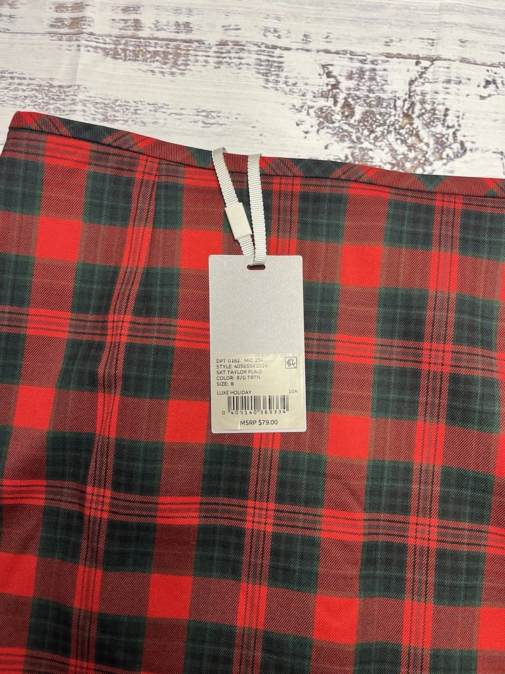 Preston & York 全新带标签 Taylor Woven 格子格子高腰 Midi 紧身裙 8 红色 — 第 3/4 张图片