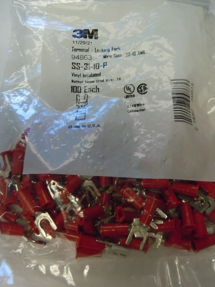 3M SS-31-10-P Защелкивающаяся лопаточная клемма, 22-18 Ga., #10 шпилька, виниловая изоляция 100 - Изображение 2 из 3