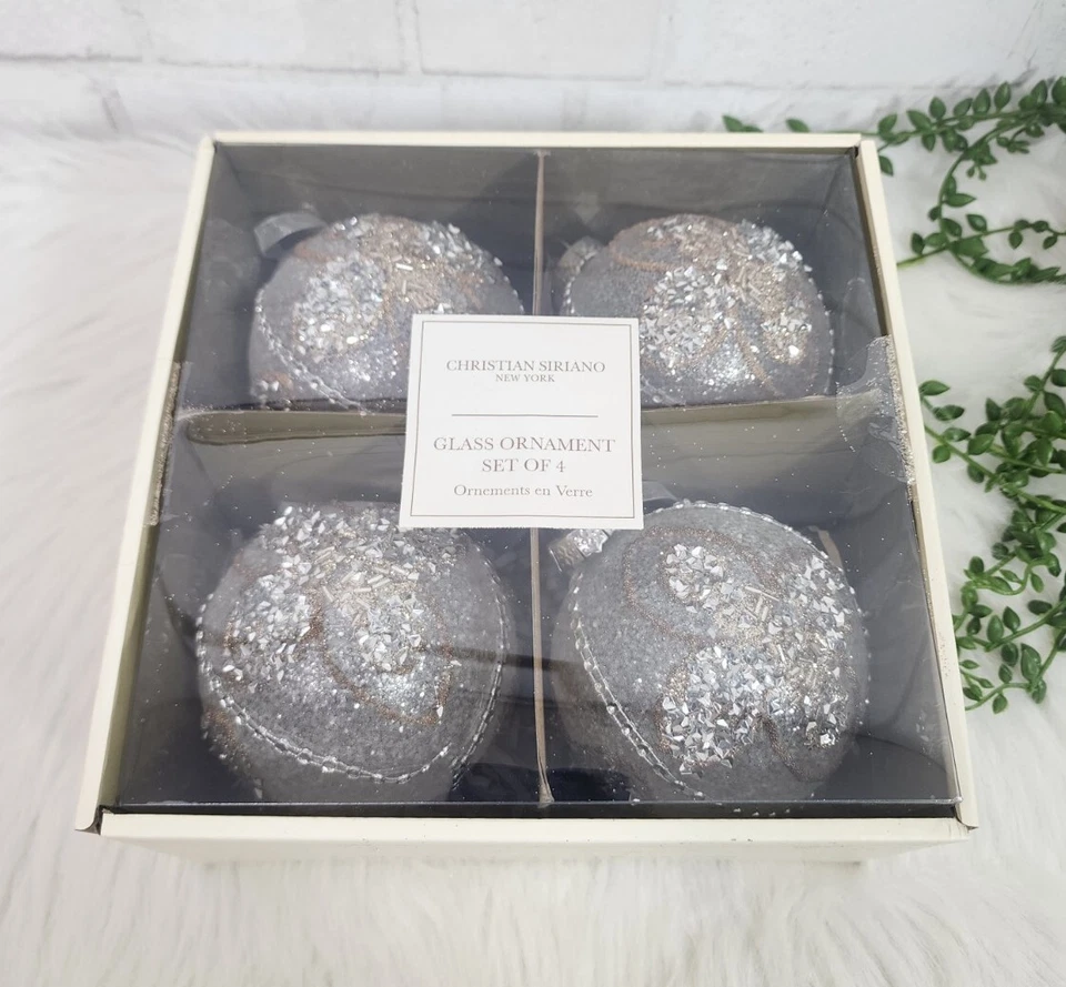Christian Siriano 银金串珠圣诞装饰品 4 件玻璃球 4 全新 — 第 4/4 张图片