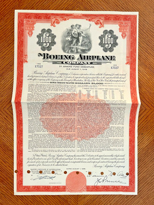 Boeing Airplane Company $1000 bond certificate stock 1958 sinking fund debenture